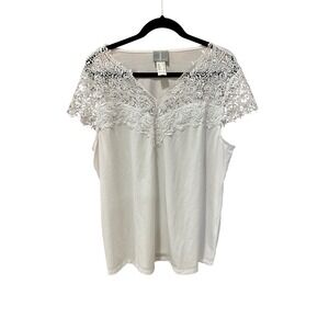 Fair Lady White Lace Crochet V-Neck Short Sleeve Blouse Top USA 16 XL